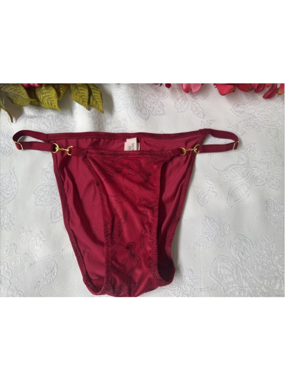 VICTORIA'S SECRET XS SILKY RED HORSES MINI STRING BIKINI ADJ SIDE PANTIES NWT